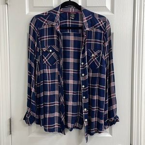 Torrid 00 Navy Blue Plaid Button Down Shirt